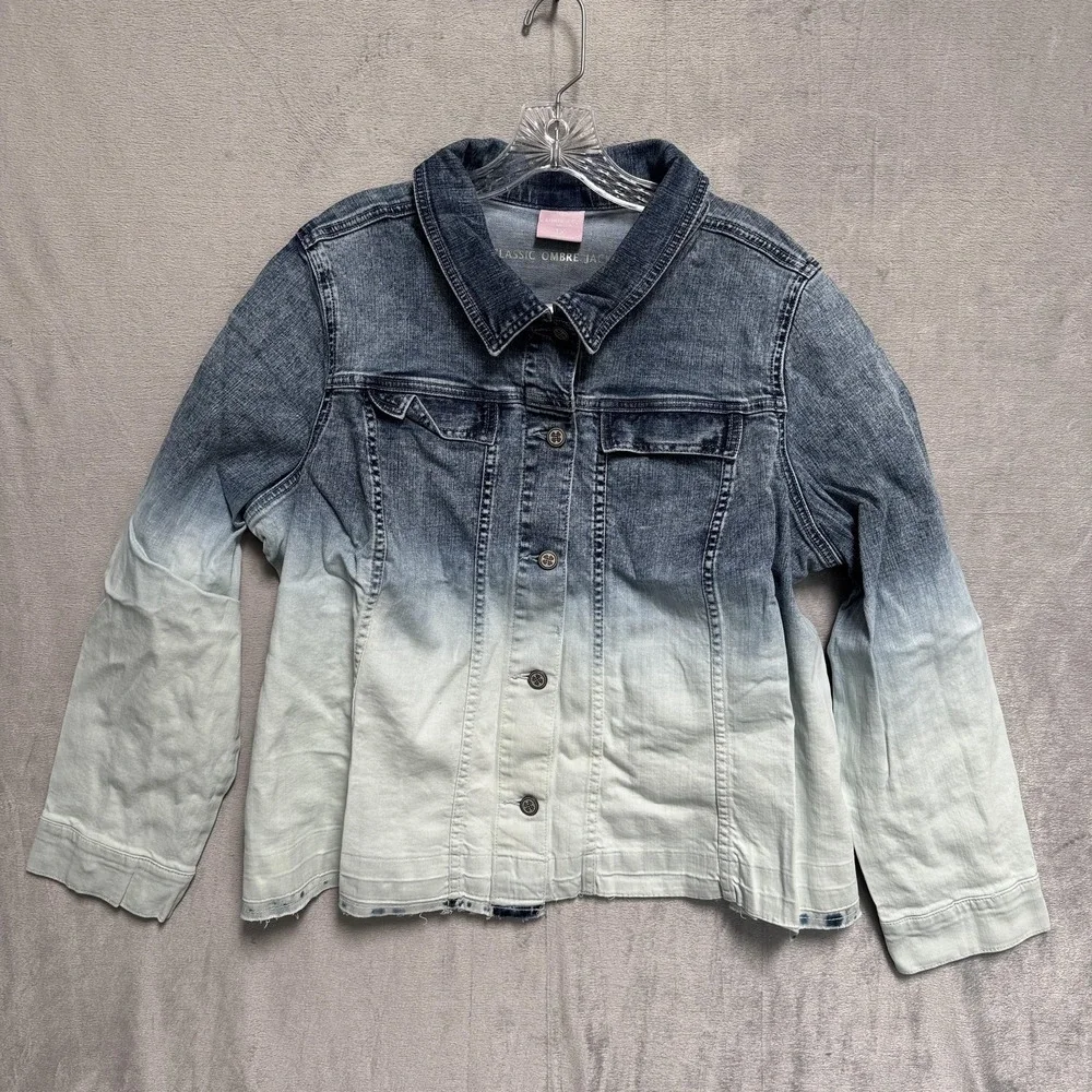 Laurie Felt Jacket‎ Womens 1X Blue Ombre Denim Button Front Raw Hem Stretch Plus